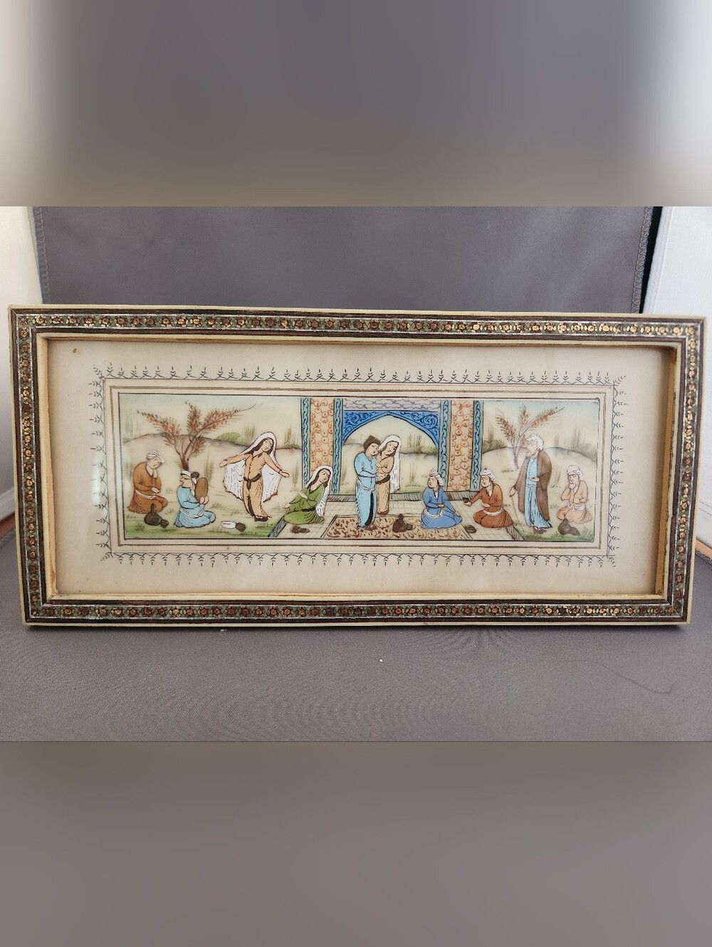Hand-Painted Miniature Persian Scene Khatam Marquetry Framed Artwork